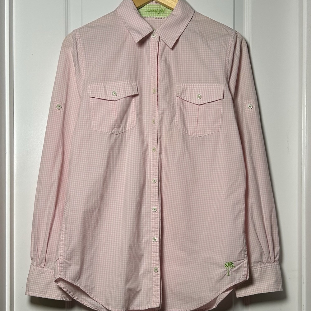 Lilly Pulitzer 100% Cotton Pink White Gingham Print Resort Fit Button Up Shirt